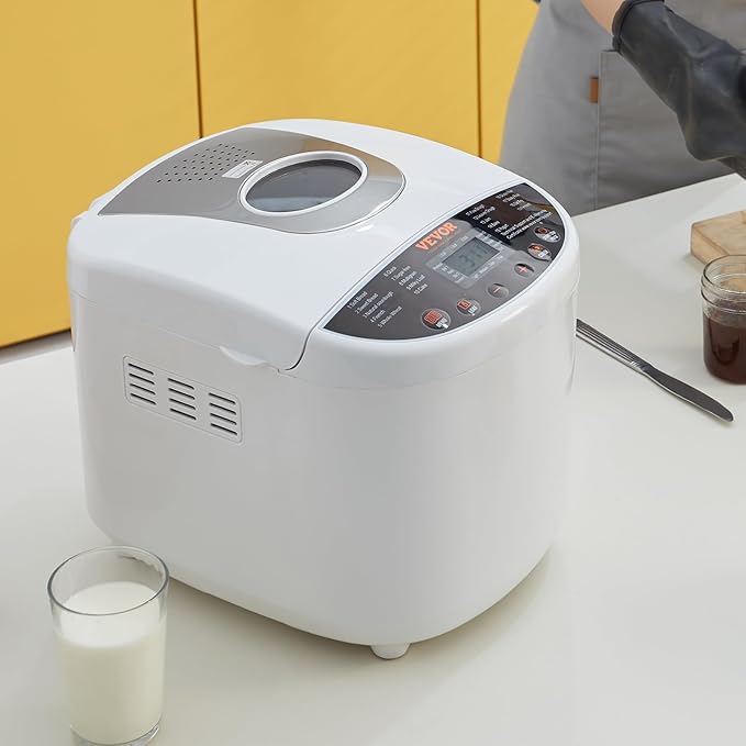 VEVOR Bread Maker, 19-in-1 2LB Dough Machine, Nonstick Ceramic Pan Automatic Breadmaker with Gluten Free Setting, Whole Wheat Bread Making, Digital, Programmable, 3 Loaf Sizes, 3 Crust Colors, White