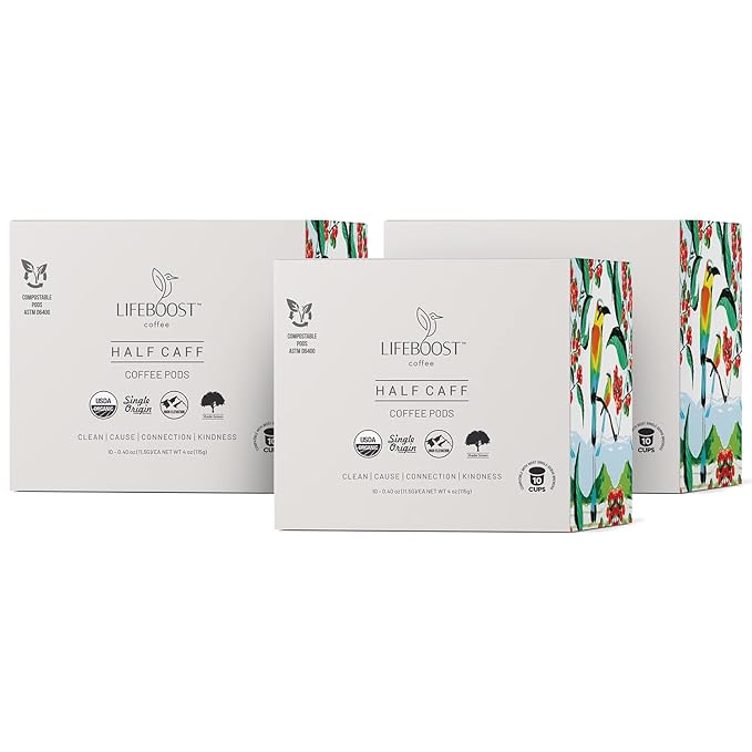 Lifeboost Half Caff Coffee K Cups - Low Acid Half Caff Coffee Pods - Single Origin Non-GMO Mold Free Pods Compatible with Keurig & Keurig 2 - No Mycotoxins or Pesticides - 10 Count