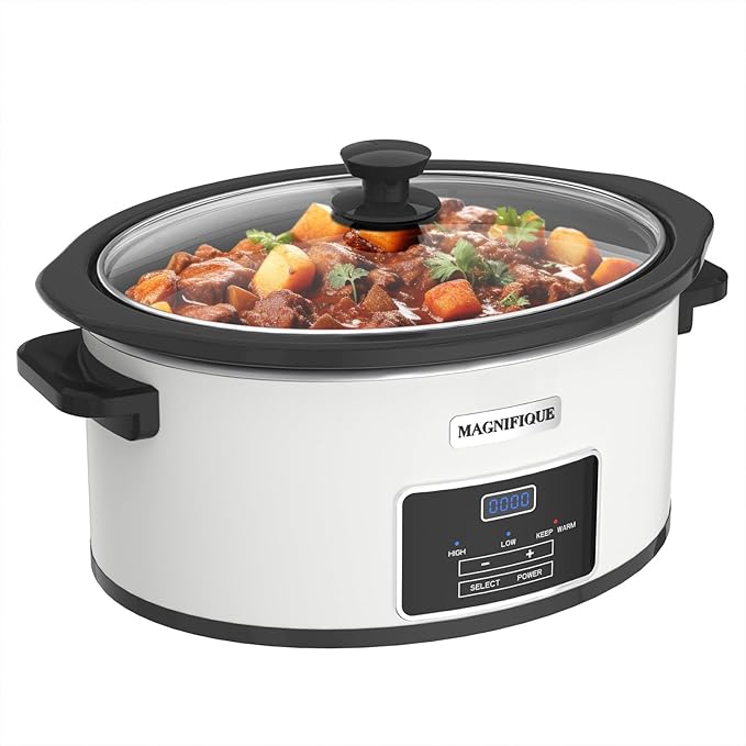 8-Quart Programmable Slow Cooker with Timer Keep Warm - Small Kitchen Appliance for Family Dinners - Serves 6+ People - Heat Settings: Keep Warm(White, Black Liner)