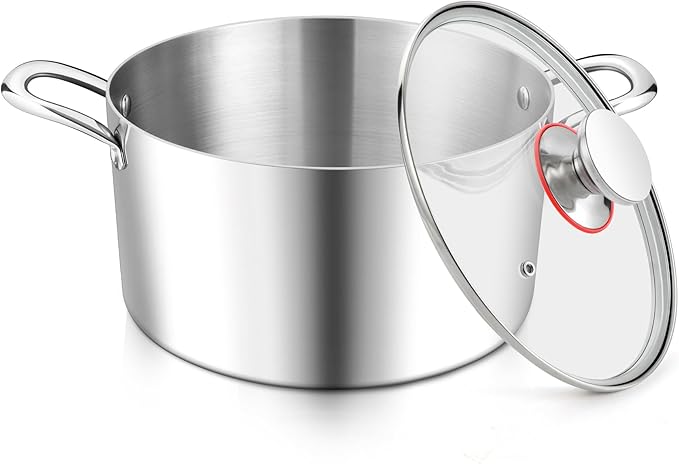 E-far 4 Quart Stock Pot, Tri-Ply Stainless Steel Cooking Pot with Glass Lid and Riveted Handles, Metal Pasta Soup Pot for Induction Ceramic Electric Gas Stoves, Heavy Duty & Dishwasher Safe