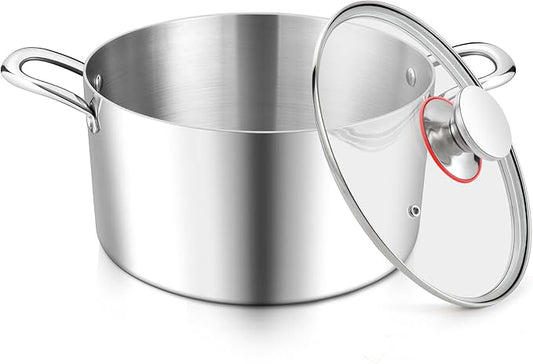 E-far 4 Quart Stock Pot, Tri-Ply Stainless Steel Cooking Pot with Glass Lid and Riveted Handles, Metal Pasta Soup Pot for Induction Ceramic Electric Gas Stoves, Heavy Duty & Dishwasher Safe