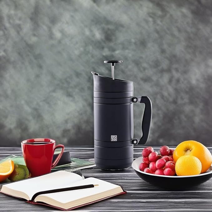 BaseCamp Coffee Press - Double Wall Insulated Stainless Steel - Bru-Stop Technology, No Grounds in Coffee, No Spill Lid (Obsidian, 48 fl.oz)