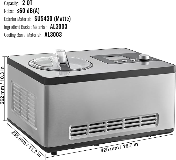 VEVOR Automatic Ice Cream Maker with Built-in Compressor, 2 Quart No Pre-freezing Fruit Yogurt Machine, Stainless Steel Electric Sorbet Maker, 3 Modes Gelato Maker with LCD Display & Timer, Silver