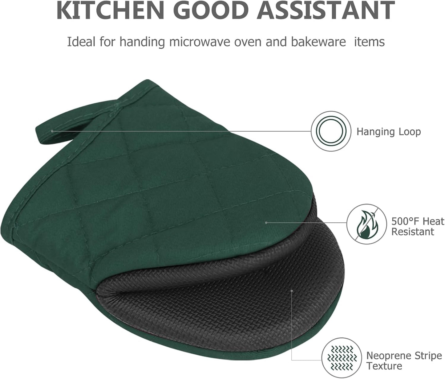 1 Pair Short Oven Mitts - Silicone Kitchen Oven Gloves High Heat Resistant 500℉, Mini Oven Mits with Non-Slip Grip Surfaces and Hanging Loop for BBQ, Baking, Cooking and Grilling (ArmyGreen)
