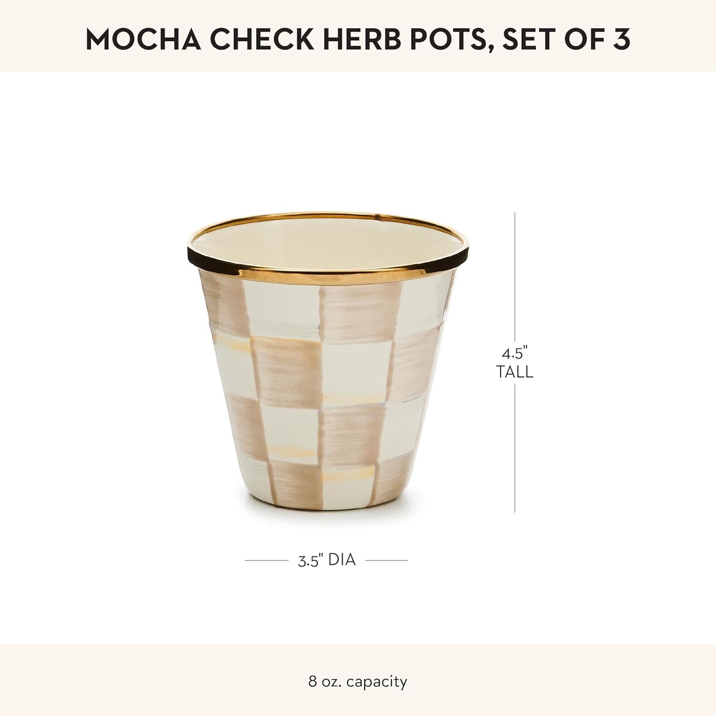 MACKENZIE-CHILDS Enamel Herb Pots, Small Plant Pots for Herbs or Flowers, Set of 3, Brown-and-White Mocha Check