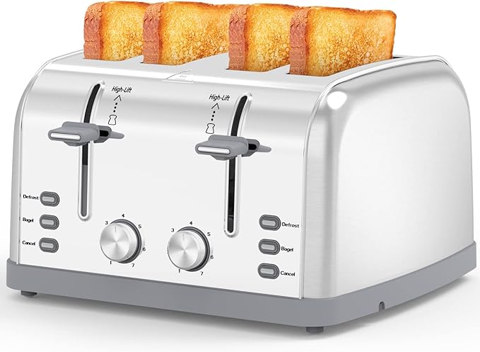 Toaster 4 Slice Retro Stainless Steel,Best Prime 4 Slice Toaster Wide Solt with 7 Shade Settings, Perfect for Waffles, Bagels and More Lainsten T-527
