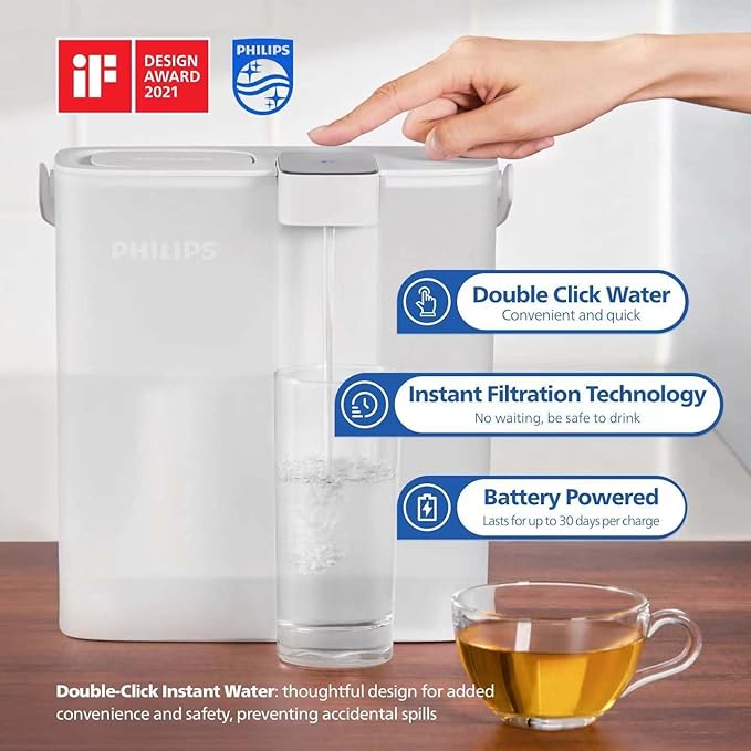 PHILIPS GoZero Next-gen Instant Water Filter Pitcher, Rechargeable Battery, Mirco-X Clean Technology, 3L 12 Cups, 1L/min Fast Flow, Countertop Filtered Water Purifier Jug for Tap Water, 1 Filter