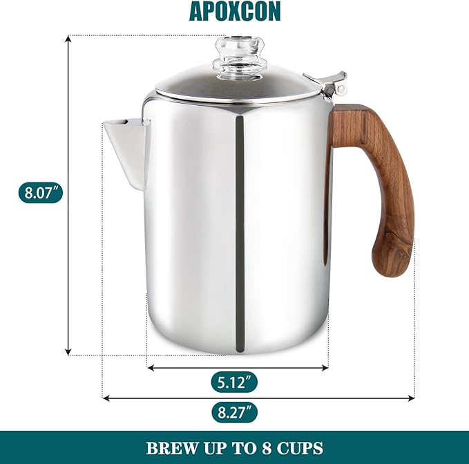 Coffee Percolator Pot Stainless Steel Coffee Maker with Tough Glass Knob & Fireproof Solid Wood Handle & Drip-Free Spout Camping Coffee Pot Using on any Stovetop NO Aluminum NO Plastic (8 Cup)