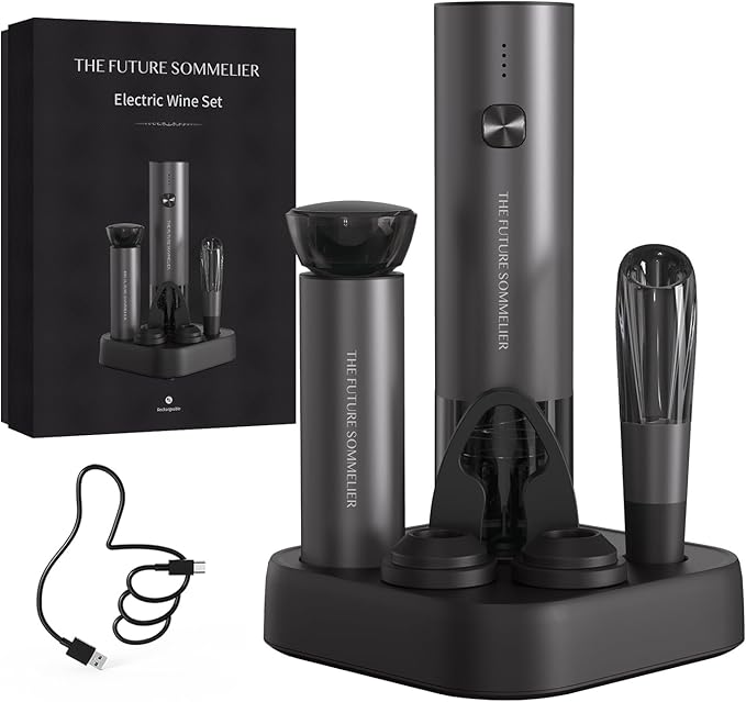 CIRCLE JOY Rechargeable Electric Wine Opener Set 7-in-1 Aluminum Alloy Wine Gift Set with Electric Corkscrew, Foil Cutter, Wine Pourer, Charging Base, Vacuum Pump and 2 Wine Stoppers
