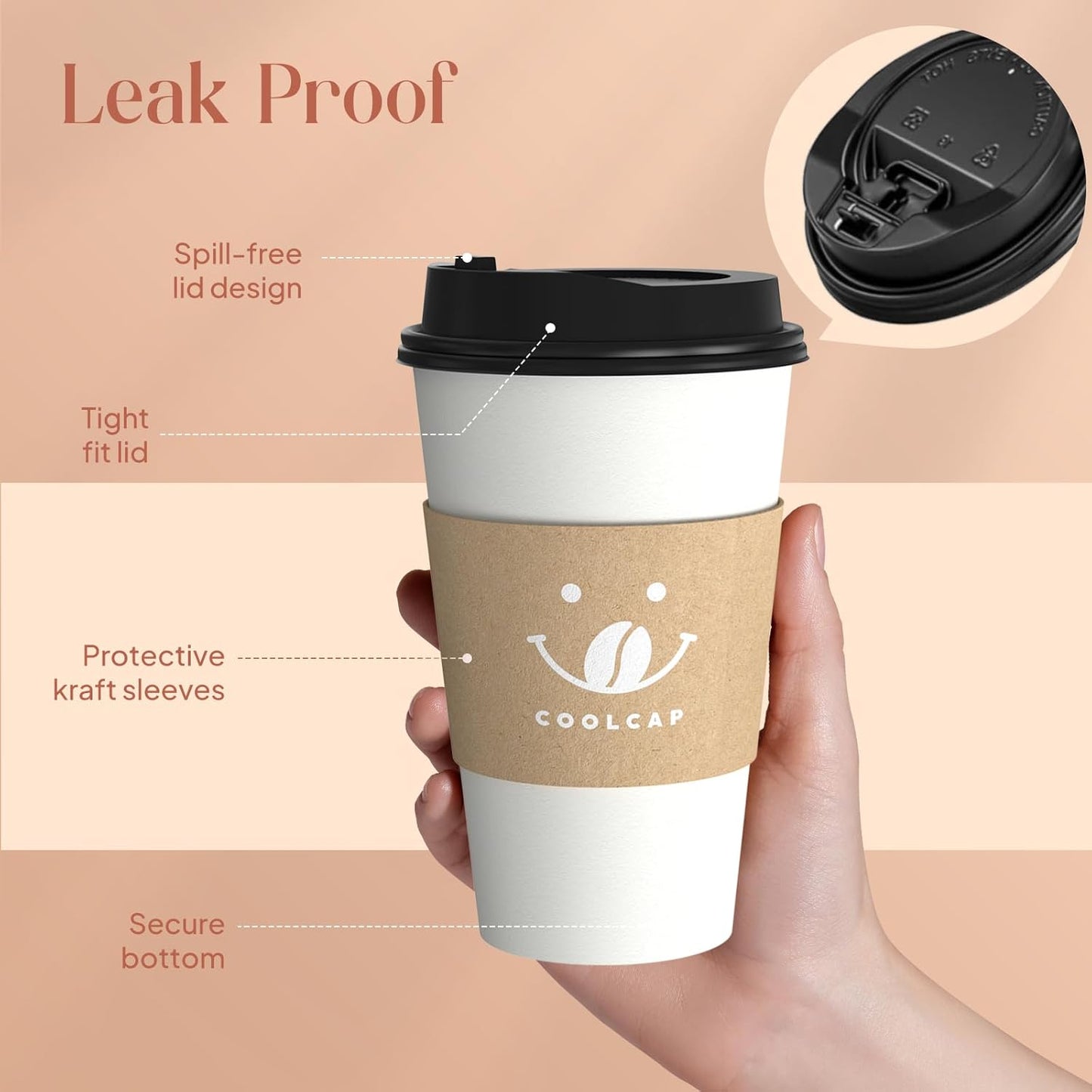 Coffee Cups with Lids and Sleeves, 16 oz 300 Pack To Go Cups with Lids, Paper Hot Cups for Hot & Cold Beverage (White, 16 oz)