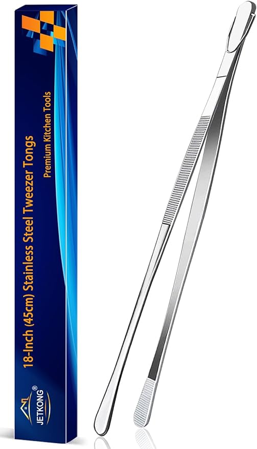 JETKONG 18 Inch (45cm) Extra Long Grill Tongs, Heavy Duty Stainless Steel Tweezer Tongs for Cooking, Grilling, Barbecue/BBQ, Buffet and Turning Food (Round Tips)