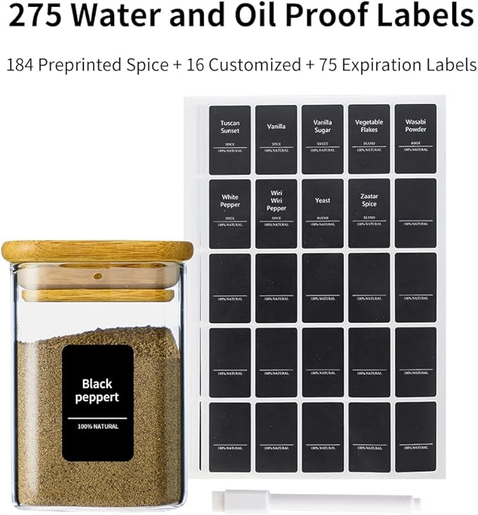 16Pcs 7oz Spice Jars Glass Container with 275 Labels, Airtight Seasoning Empty Organizer with Bamboo Lid Set for Pepper, Salt, Sugar