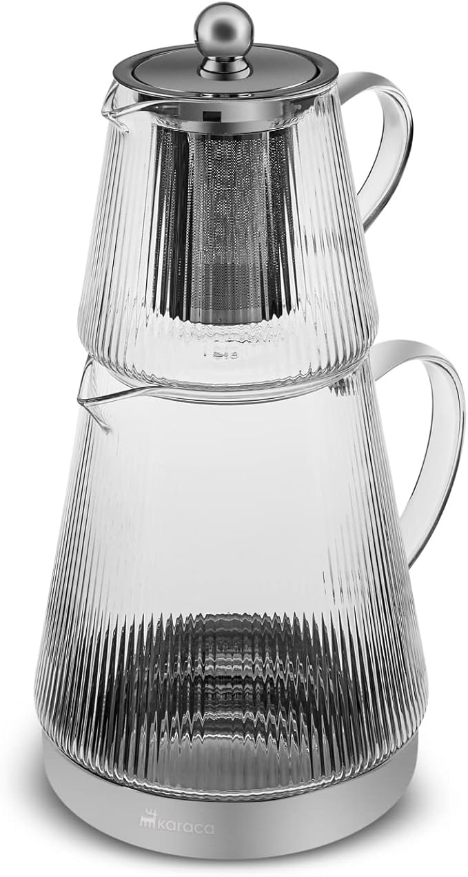 Karaca Keops Turkish Teapot with Infuser and Lid (450 ml Tea Pot & 1500 ml Induction Kettle) - Borosilicate Glass Teapot Set for Stovetops - Clear Tea Maker with 10-15 Cups Capacity