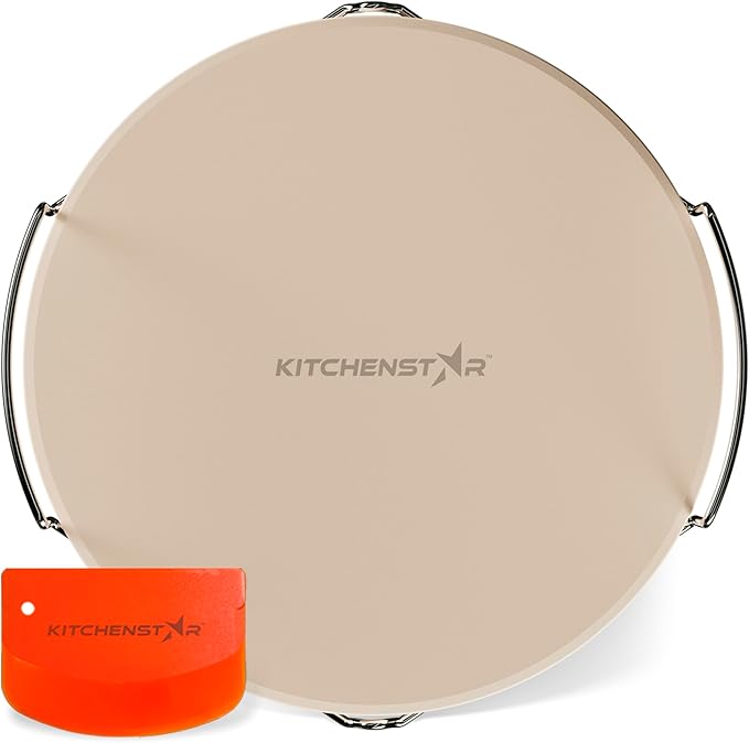 KitchenStar 12-inch Pizza Stone for Oven and BBQ Grill with Handles, Round, 5/8" Thick - Natural Cordierite, 1800 °F Resistant, Baking Stone Set with Stainless Steel Rack & Plastic Scraper Tool
