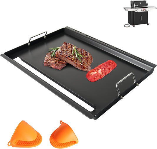 DcYourHome 7524 Griddle Insert for Weber Gas Grill Genesis 300 Griddle Genesis E310 S310 S320 E320 S330 EP320 EP310 EP330 Parts, Carbon Steel Full-Size Flat Top Griddle Plate with Handles, Heavy Steel