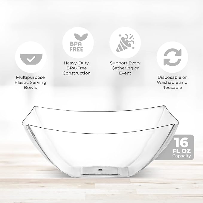 Posh Setting Clear Plastic Serving Bowls Disposable - Square Bowls - Square Candy Bowl - Plastic Snacks & Chip Bowls for Parties - Black, Gold & Clear, White Serving Dishes, 16 OZ, 4 Pack