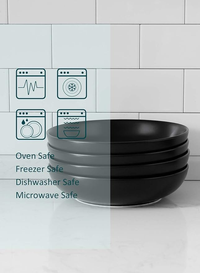 Teocera Matte Black Pasta Bowls Set of 4-35oz Large Oversized Porcelain Bowls for Spaghetti & Salad | Heat-Resistant, Chip-Resistant, Microwave & Dishwasher Safe | Smooth Non-Porous Surface