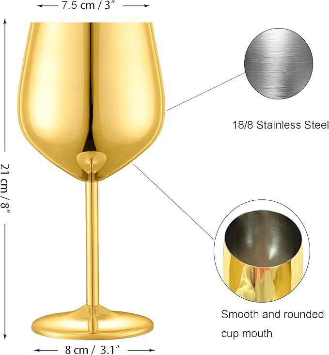 Stainless Steel Wine Glasses Set of 2, 18 oz Unbreakable Gold Wine Glass Unique Metal Wine Goblets for Outdoor Capming and Pool Gift for Wine Lovers