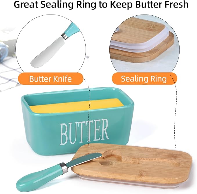 Ceramic Butter Dish with Wooden Lid, Large Butters Container Keeper Storage with Stainless Steel Knife Spreader, Bamboo Cover and Silicone Sealing Ring for West East Coast, Aqua