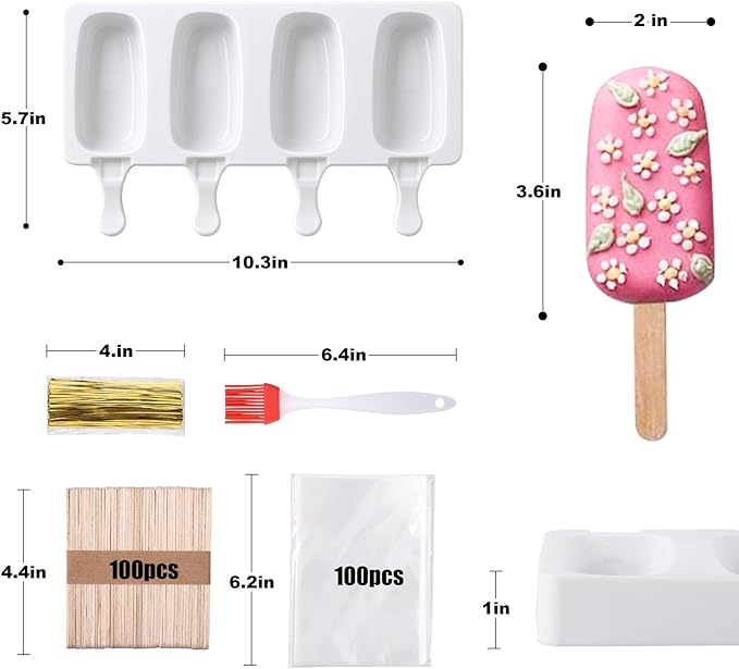 Juome Cake Pop Mold Kit, 2 Pack 8 Cavities Cakesicle Molds Silicone with 100 Wooden Sticks & 100 Packaging Bags with Ties, Cake Pop Maker Supplies Accessories, Baking Tools for Home Baking Desserts
