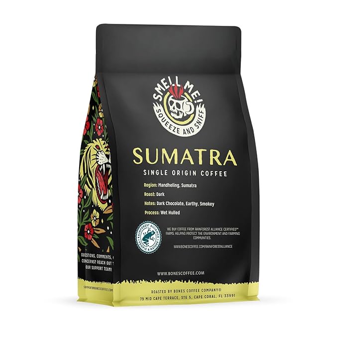 Bones Coffee Company Sumatra Single-Origin, Dark Chocolate, Smoky, Earthy Notes, Ground Coffee Beans, Low Acid Dark Roast Arabica Beans Flavored Coffee, 12 oz Ground