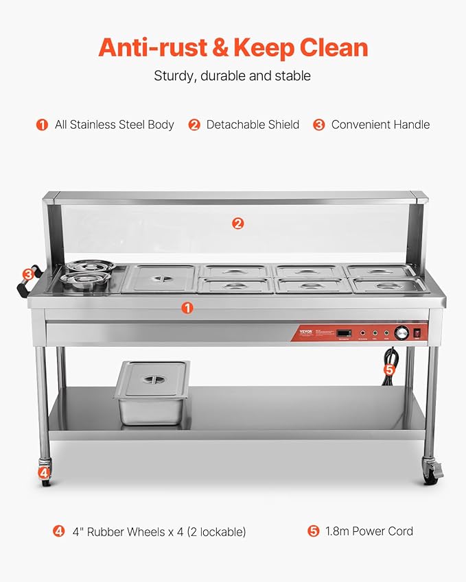 VEVOR Commercial Electric Food Warmer, 7 Pans + 2 Pots Steam Table, 1800W Professional Buffet Catering Food Warmer with Shield Undershelf Wheels, Stainless Steel Server for Party Restaurant