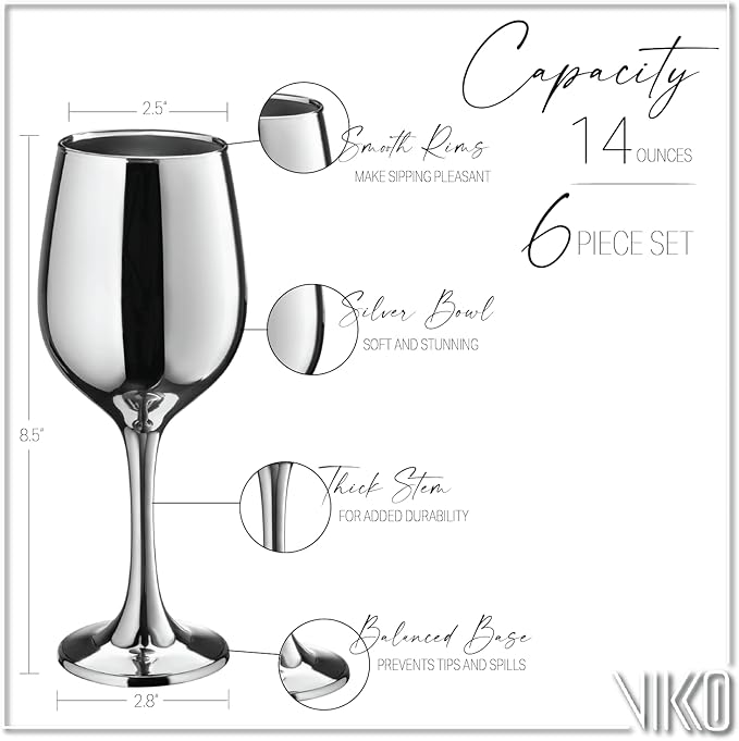 Vikko Décor Wine Glasses,14 Oz Fancy Wine Glass With Stem For Red And White Wine, Thick And Durable Wine Glass, Dishwasher Safe, Great For Wine Tasting, Set Of 6