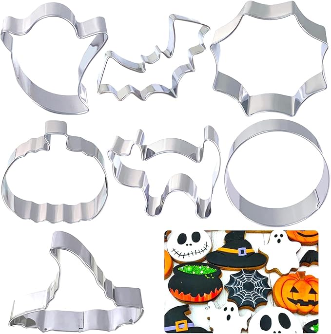 Halloween Cookie Cutters Large 7Pcs, Bat Pumpkin Magic Hat Cat Cookie Cutter, Sturdy Easy to Clean & Demold Pancake Dough Molds for Halloween Baking