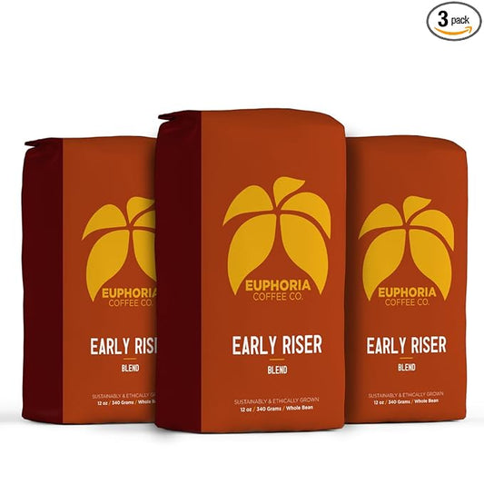 EUPHORIA COFFEE CO. Early Riser Whole Bean Coffee - Light & Dark Roast Blend | 12oz Bag (3 Pack)