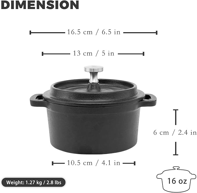 Mini Cocotte 16 oz Mini Dutch Oven 0.5 qt. Cast Iron Garlic Roaster for Oven Garlic Confit Pot Ramekins with Lids Oven Safe Set of 2, Black