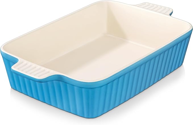 MALACASA 4.4 QT Baking Dish, 9x13 Large Casserole Dish for Oven, Ceramic Baking Pan, Rectangular Lasagna Pan Deep with Handles for Baking, Durable Microwave Oven Safe, Blue, Series BAKE-BAKE