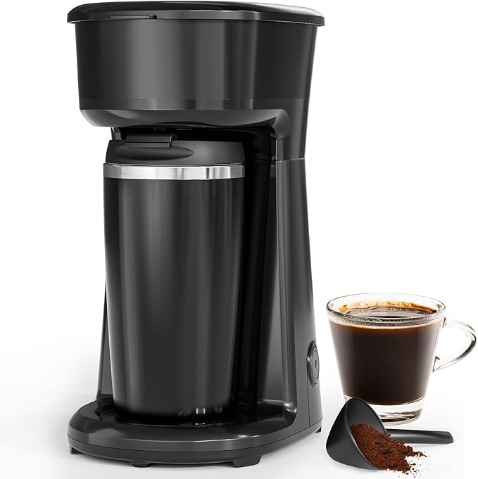 Single Serve Drip Coffee Maker with Travel Mug, One-Touch Operation, Fast Brew, Compact Small Coffee Maker with Removable Filter,Ideal for Home, Office, or On the Go(Black)
