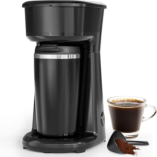 Single Serve Drip Coffee Maker with Travel Mug, One-Touch Operation, Fast Brew, Compact Small Coffee Maker with Removable Filter,Ideal for Home, Office, or On the Go(Black)