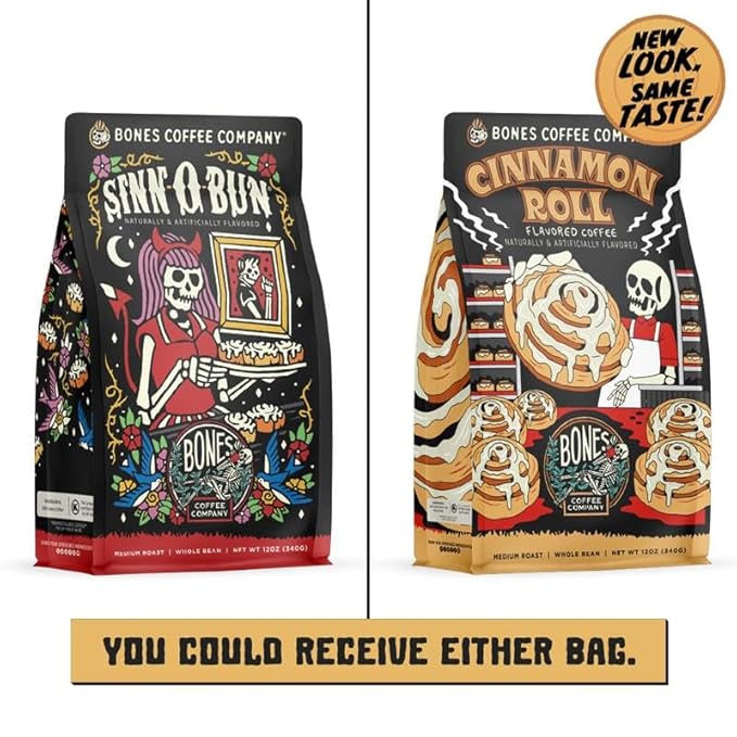 Bones Coffee Company Cinnamon Roll Flavored Coffee, Medium Roast Low Acid Arabica Beans Compatible with Auto drip and French Press Coffee Maker, 12 Oz Whole Bean