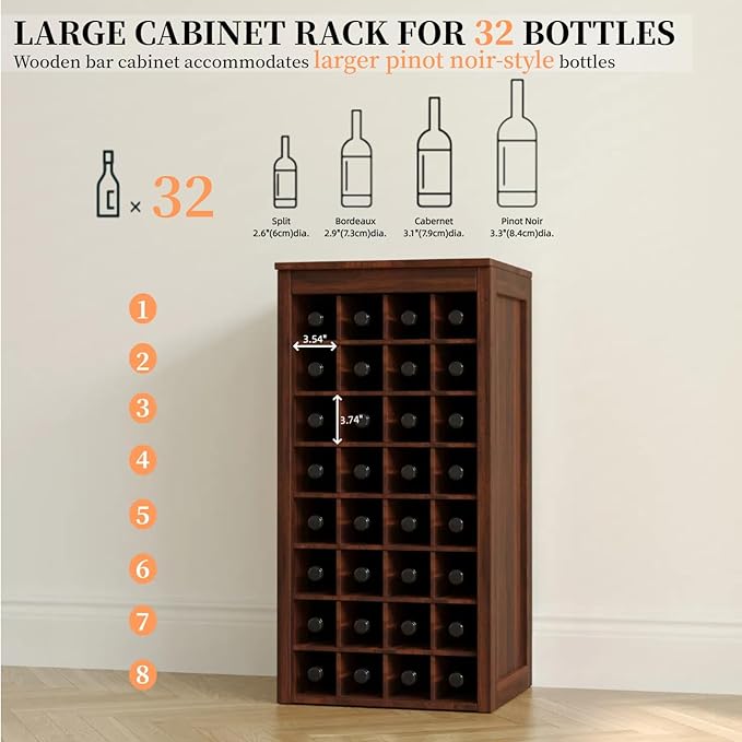 WERSMT 8-Tier Wine Rack Freestanding Floor, 32 Bottles Wood Wine Rack Counter for Small Space, Farmhouse Stackable Modular Wine Bottle Holder Rack, Walnut