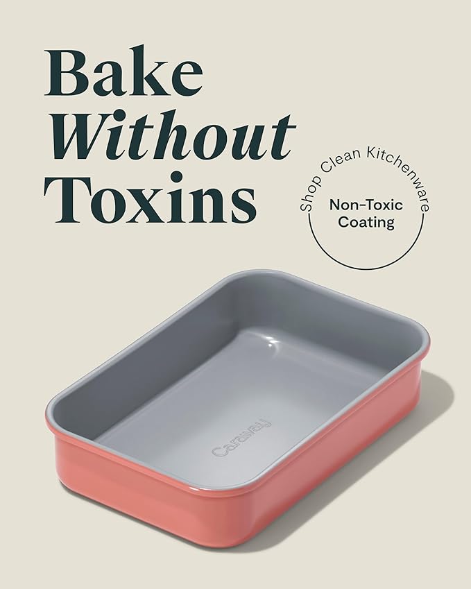 Caraway Nonstick 9” x 6.5” Small Rectangle Baking Pan Duo – Non-Toxic, PTFE & PFOA Free – Aluminized Steel Core – Deep Ceramic Baking Pan for Casseroles, Lasagna & More - Perracotta