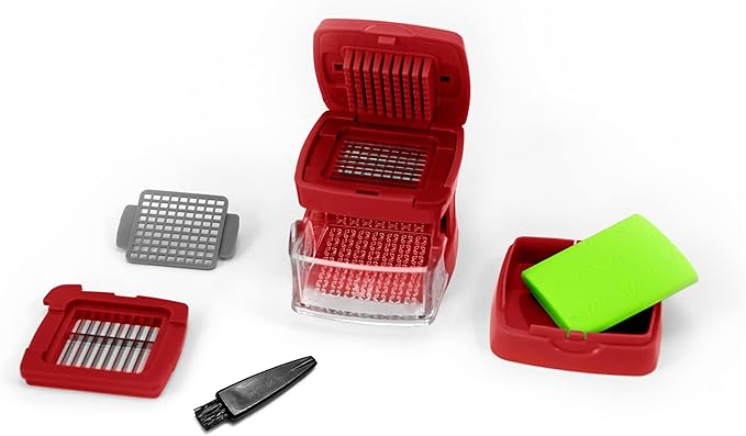 Garlic-A-Peel Garlic Press, Crusher, Cutter, Mincer, and Storage Container - Includes Silicone Garlic Peeler - Easy to Clean - Stainless Steel Blades – (Red), standard