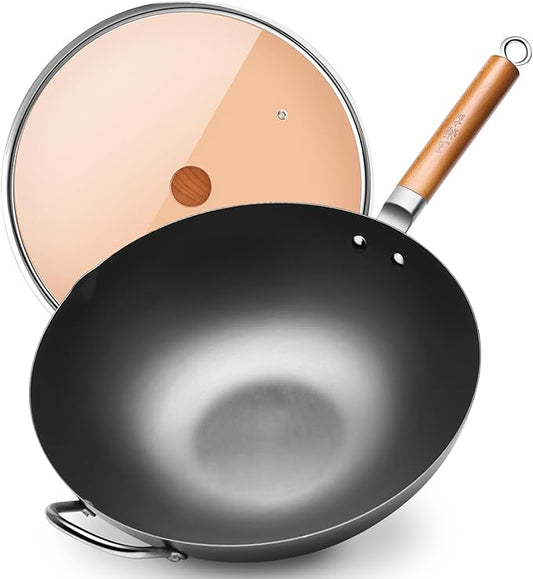 WANGYUANJI Iron Wok,14.2 inch Woks for Stir-fry, Chinese Stir Fry Pan Uncoated, Traditional Flat Bottom Iron Pot for Induction, Electric, Gas, Suitable for All Stoves(Pure Iron Wok)