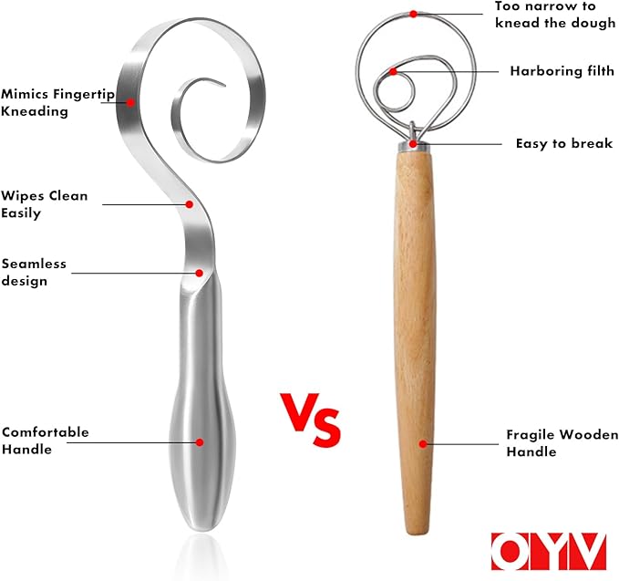 Seamless Dough Whisk, 18/10 Stainless Steel Danish Dough Wisk, 9" Bread Whisk for Sourdough, Cookies, Pizza, Pastry, Dishwasher Safe Dough Hook