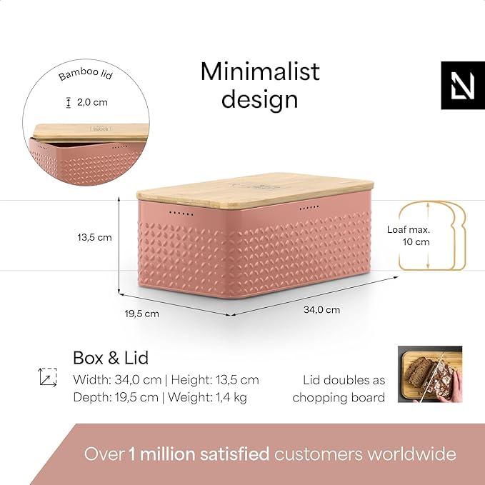 LARS NYSØM Bread Box I Metal Box with linen bag for long lasting freshness I Bread Bin with bamboo lid usable as cutting board I 13.4x7.3x5.3In (Brick Red)