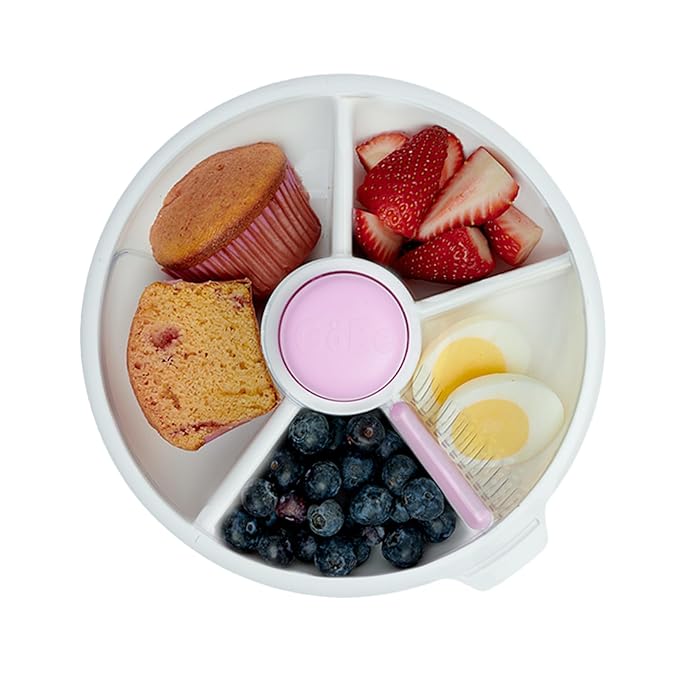 GoBe Kids Large Snack Spinner Slide Bundle with Hand Strap and Sticker Sheet - Reusable Snack Container with 4 Compartment Dispenser and Lid | BPA/PVC Free | Dishwasher Safe | No Spill - Taro Purple