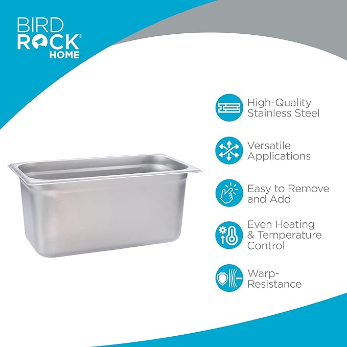 BIRDROCK HOME Stainless Steel Steam Table Pan - Hotel, Restaurant & Catering Supplies - 24 Gauge Steel, 6.2 qt Capacity - Meal Prep, Cooking, &Food Storage Container - 6" Depth, 1/3-Size (6 Pack)