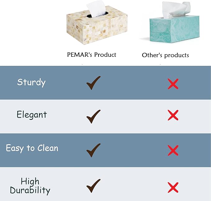 PEMAR Rectangular Mother of Pearl Lacquer Nacre Inlay Wood Tissue Box, Handmade Rectangle Tissue Box Cover Holder Decorative Napkin Dispenser Organizer Rustic Farmhouse Vintage Decor (White Sand)