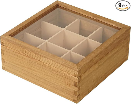 Wood Tea Bag Organizer, 6 Compartment Multi-Functional Tea Box and Storage Organizer for Tea Bags with Clear Acrylic Window