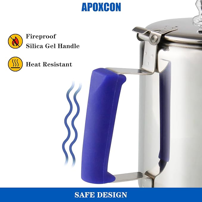 Multi Use Percolator Coffee Pot Stainless Steel Stove Top Coffee Maker with Two Tough Borosilicate Glass Knob Silica Handle Camping Coffee Pot Using on Campfire Stove & Induction Cooker Silver 6 Cup