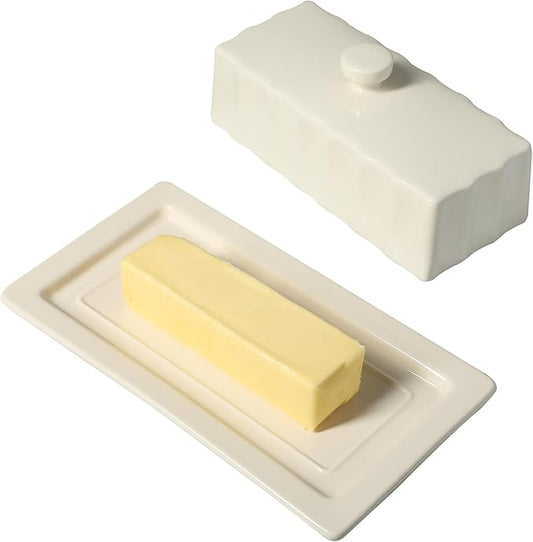 Martha Stewart Broadbrook Stoneware Butter Dish with Lid, Rectangular Covered Butter Keeper, 8.1 x 4.4 x 3 Inches, Classic Cream Glaze, Dishwasher Safe Ceramic Storage for Counter or Table