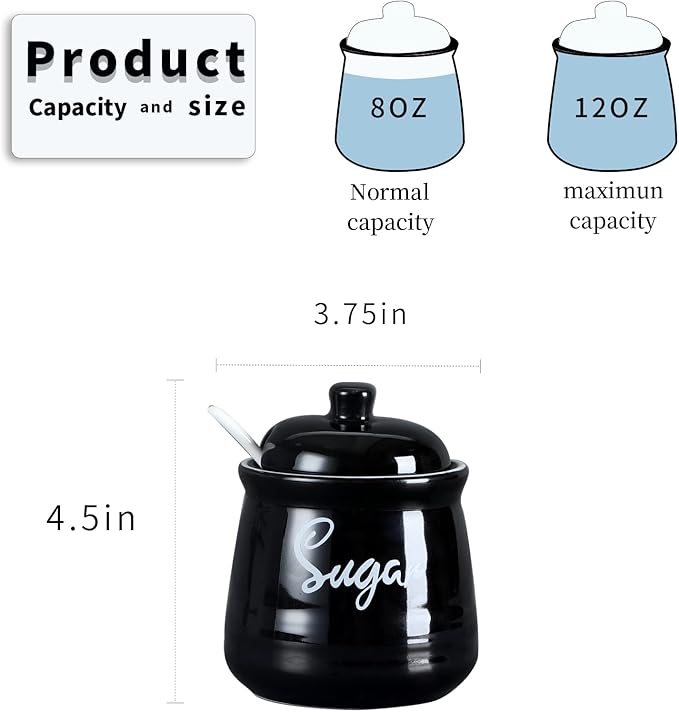 HAOTOP Farmhouse Porcelain Sugar Bowl with Lid and Spoon 12oz,Easy to Clean (Black)