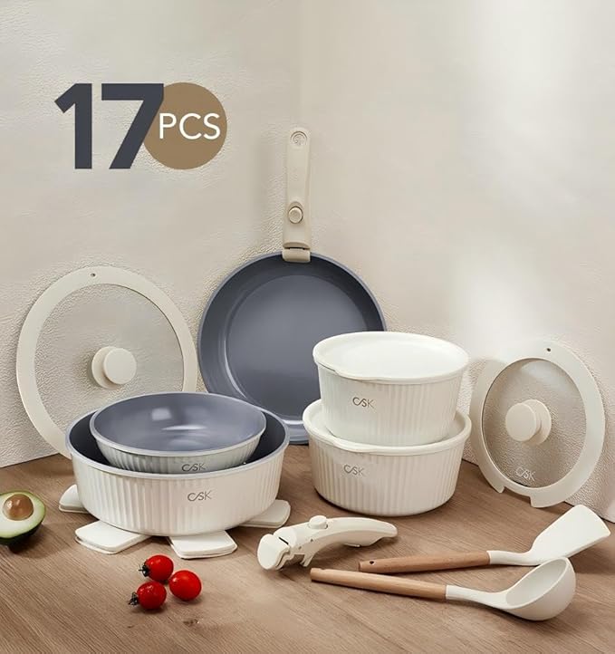 KOCH SYSTEME CS 17pcs Pots and Pans Set Non Stick, Nonstick Ceramic Cookware Set Detachable Handle, Induction Kitchen Pot and Pan Set, Non Stick with Removable Handle, RV Cookware Set, Cream White
