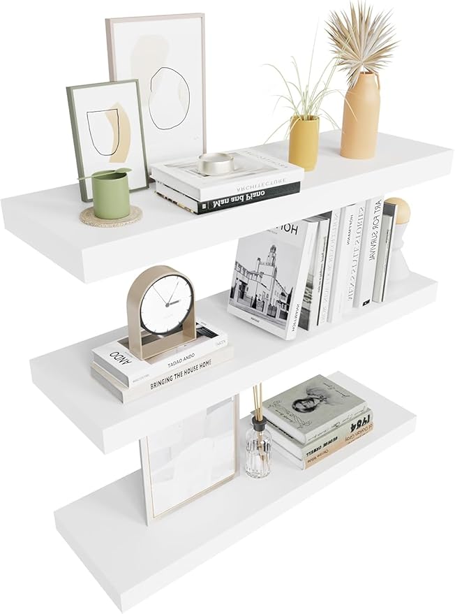 Colima Floating Shelves for Wall White Wood Wall Shelf for Bedroom, 24 Inch Wall Mounted Floating Shelves for Bathroom Living Room Kitchen Office, 1.3" Thick Floating Book Shelves for Wall, Set of 3