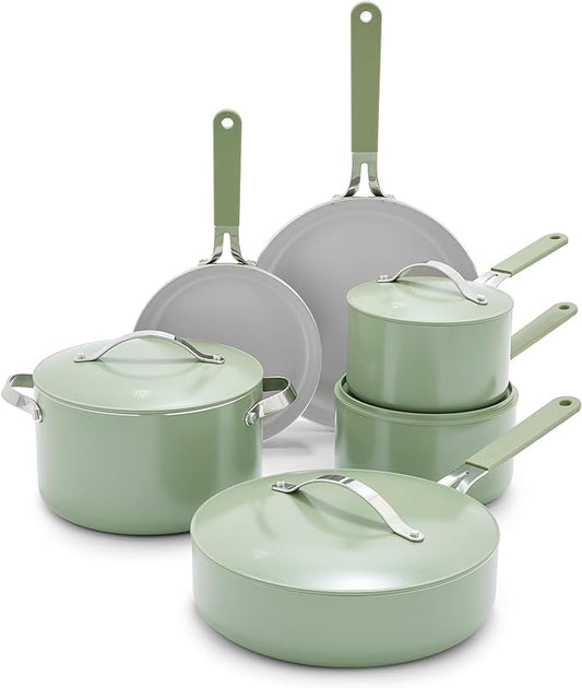 GreenLife 10-Piece Nonstick Ceramic Cookware Set, Lightweight Healthy PFAS-Free Pots & Pans with Lids, Dishwasher & Oven Safe, Durable Body, Silicone Stay-Cool Handles, Easy Release, Sage Green